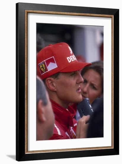 Michael Schumacher Being Interviewed, British Grand Prix, Silverstone, Northamptonshire, 1997-null-Framed Photographic Print