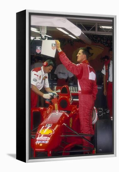 Michael Schumacher with Ferrari, British Grand Prix, Silverstone, Northamptonshire, 1997-null-Framed Premier Image Canvas