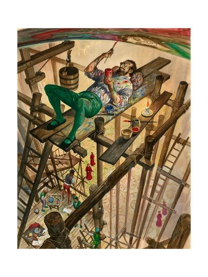 Michelangelo Painting The Ceiling Of The Sistine Chapel In Rome The Pope Watching From Far Below Giclee Print By Peter Jackson Art Com