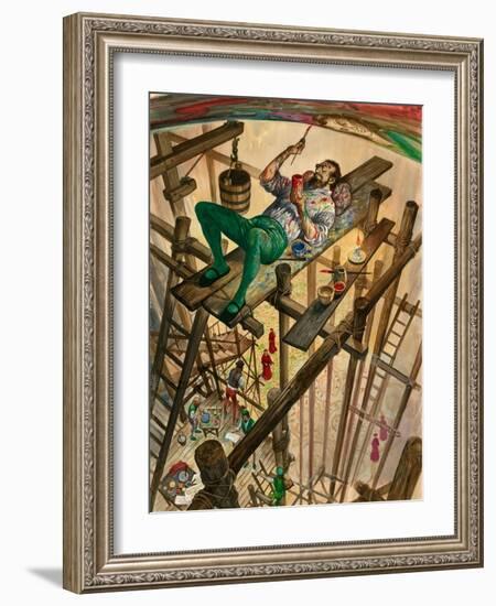 Michelangelo Painting the Ceiling of the Sistine Chapel in Rome, the Pope Watching from Far Below-Peter Jackson-Framed Giclee Print