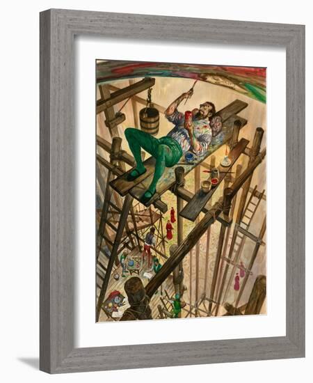 Michelangelo Painting the Ceiling of the Sistine Chapel in Rome, the Pope Watching from Far Below-Peter Jackson-Framed Giclee Print