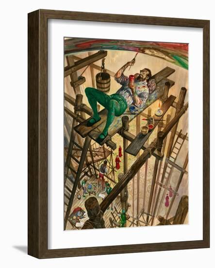 Michelangelo Painting the Ceiling of the Sistine Chapel in Rome, the Pope Watching from Far Below-Peter Jackson-Framed Giclee Print