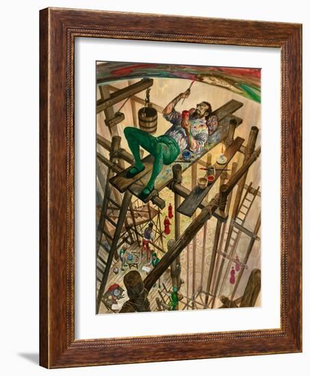 Michelangelo Painting the Ceiling of the Sistine Chapel in Rome, the Pope Watching from Far Below-Peter Jackson-Framed Giclee Print