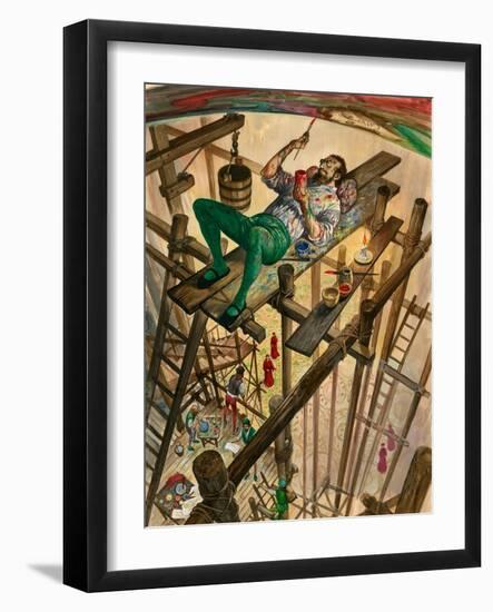 Michelangelo Painting the Ceiling of the Sistine Chapel in Rome, the Pope Watching from Far Below-Peter Jackson-Framed Giclee Print