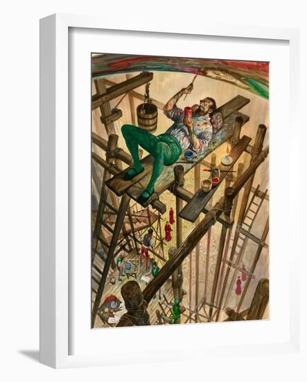 Michelangelo Painting the Ceiling of the Sistine Chapel in Rome, the Pope Watching from Far Below-Peter Jackson-Framed Giclee Print