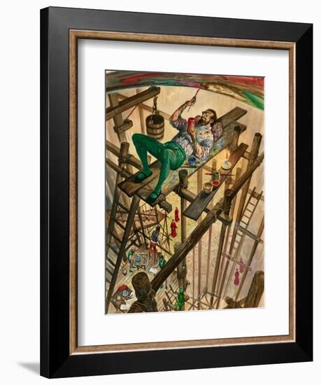 Michelangelo Painting the Ceiling of the Sistine Chapel in Rome, the Pope Watching from Far Below-Peter Jackson-Framed Giclee Print