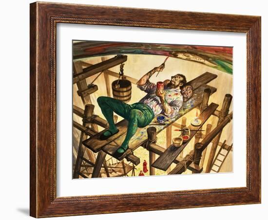 Michelangelo Painting the Ceiling of the Sistine Chapel in Rome-Peter Jackson-Framed Giclee Print