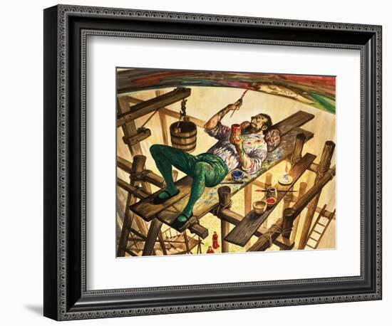 Michelangelo Painting the Ceiling of the Sistine Chapel in Rome-Peter Jackson-Framed Giclee Print