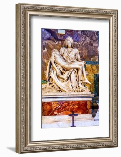 Michelangelo Pieta Mary and Jesus Sculpture Cross, Saint Peter's Basilica, Vatican, Rome, Italy.-William Perry-Framed Photographic Print