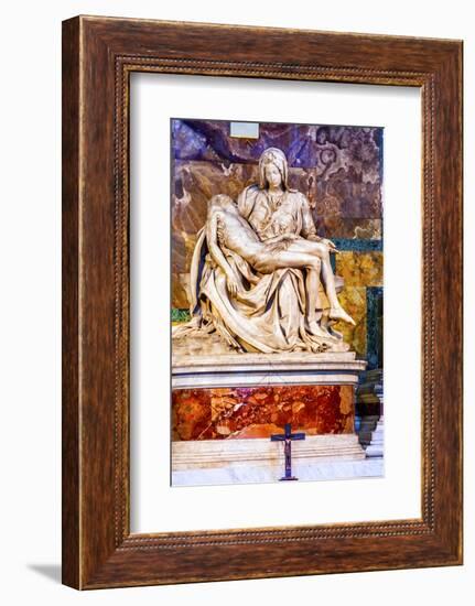 Michelangelo Pieta Mary and Jesus Sculpture Cross, Saint Peter's Basilica, Vatican, Rome, Italy.-William Perry-Framed Photographic Print