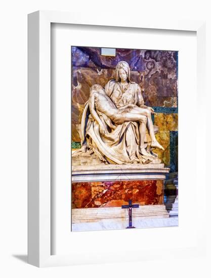 Michelangelo Pieta Mary and Jesus Sculpture Cross, Saint Peter's Basilica, Vatican, Rome, Italy.-William Perry-Framed Photographic Print