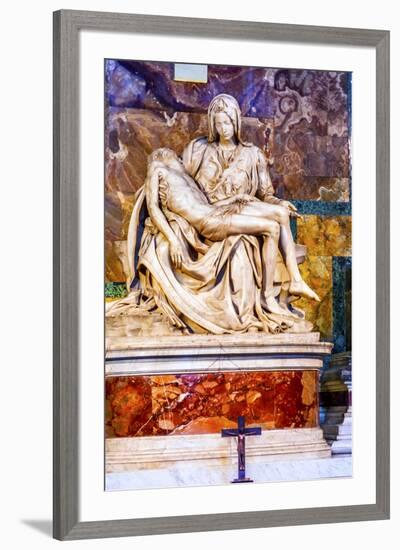 Michelangelo Pieta Mary and Jesus Sculpture Cross, Saint Peter's Basilica, Vatican, Rome, Italy.-William Perry-Framed Photographic Print