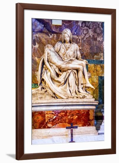 Michelangelo Pieta Mary and Jesus Sculpture Cross, Saint Peter's Basilica, Vatican, Rome, Italy.-William Perry-Framed Photographic Print