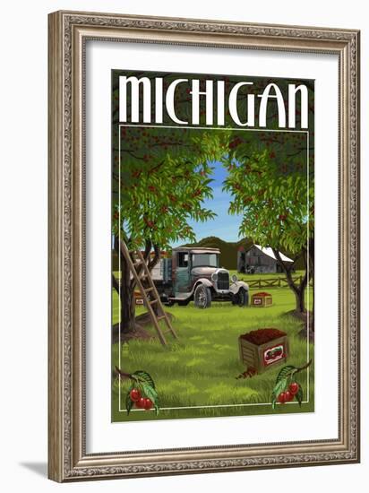 Michigan - Cherry Orchard Harvest-Lantern Press-Framed Art Print