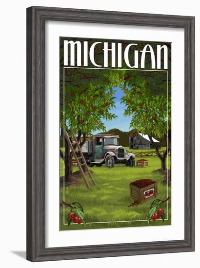 Michigan - Cherry Orchard Harvest-Lantern Press-Framed Art Print