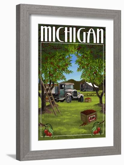 Michigan - Cherry Orchard Harvest-Lantern Press-Framed Art Print