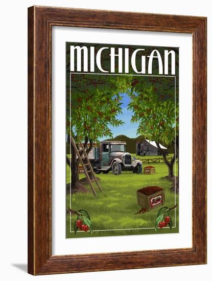 Michigan - Cherry Orchard Harvest-Lantern Press-Framed Art Print