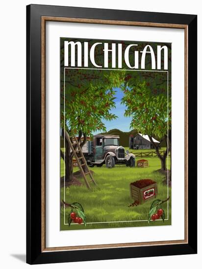 Michigan - Cherry Orchard Harvest-Lantern Press-Framed Art Print