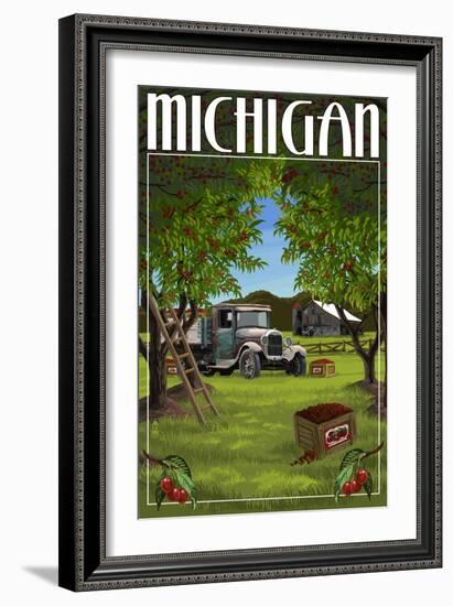Michigan - Cherry Orchard Harvest-Lantern Press-Framed Art Print