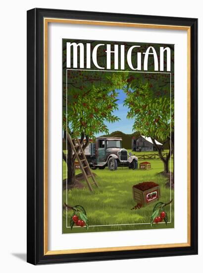 Michigan - Cherry Orchard Harvest-Lantern Press-Framed Art Print