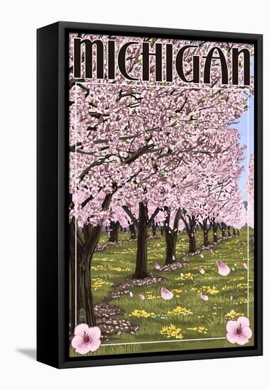 Michigan - Cherry Orchard in Blossom-Lantern Press-Framed Stretched Canvas