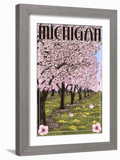 Michigan - Cherry Orchard in Blossom-Lantern Press-Framed Art Print