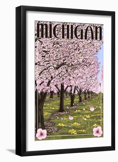 Michigan - Cherry Orchard in Blossom-Lantern Press-Framed Art Print