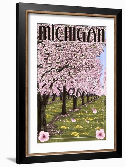 Michigan - Cherry Orchard in Blossom-Lantern Press-Framed Art Print