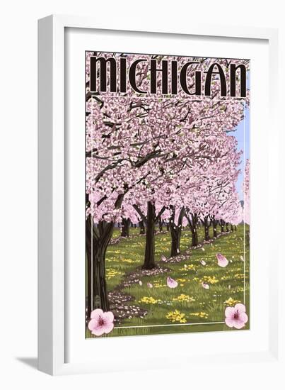 Michigan - Cherry Orchard in Blossom-Lantern Press-Framed Art Print