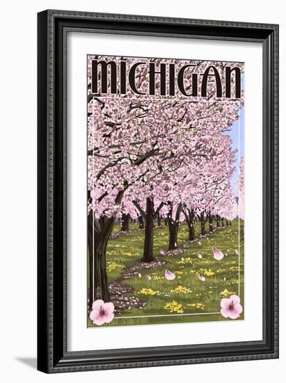 Michigan - Cherry Orchard in Blossom-Lantern Press-Framed Art Print