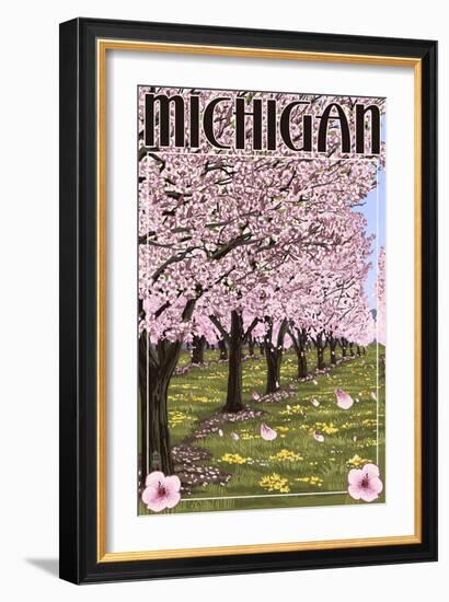 Michigan - Cherry Orchard in Blossom-Lantern Press-Framed Art Print