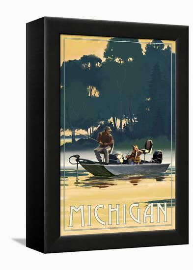 Michigan - Fishermen in Boat-Lantern Press-Framed Stretched Canvas