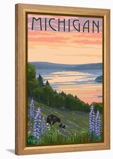 Michigan - Lake and Bear Family-Lantern Press-Framed Stretched Canvas