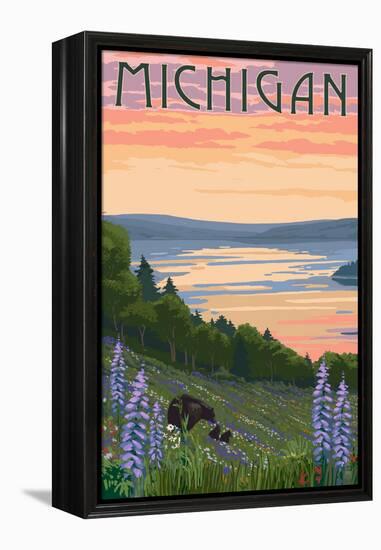 Michigan - Lake and Bear Family-Lantern Press-Framed Stretched Canvas