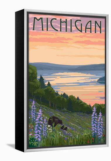 Michigan - Lake and Bear Family-Lantern Press-Framed Stretched Canvas