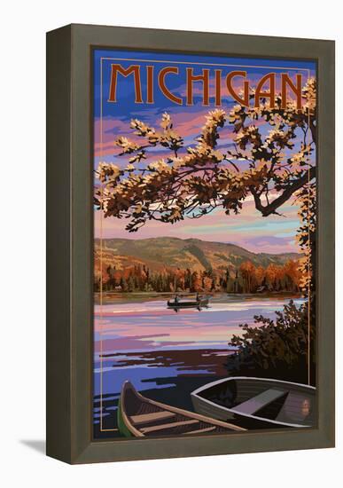 Michigan - Lake Sunset Scene-Lantern Press-Framed Stretched Canvas