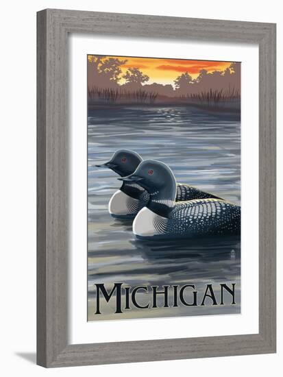 Michigan - Loons Scene-Lantern Press-Framed Art Print