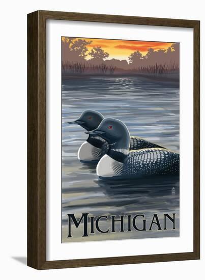 Michigan - Loons Scene-Lantern Press-Framed Art Print