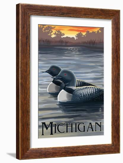 Michigan - Loons Scene-Lantern Press-Framed Art Print