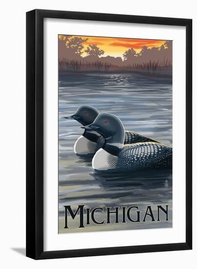 Michigan - Loons Scene-Lantern Press-Framed Art Print