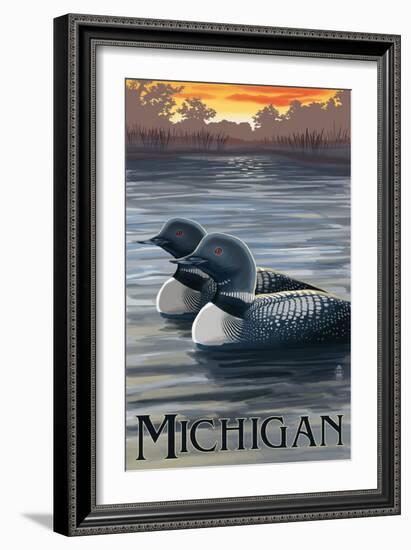 Michigan - Loons Scene-Lantern Press-Framed Art Print