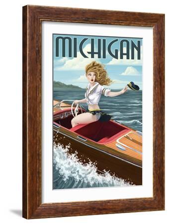 Michigan - Pinup Girl Boating' Art Print - Lantern Press