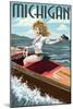 Michigan - Pinup Girl Boating-Lantern Press-Mounted Art Print