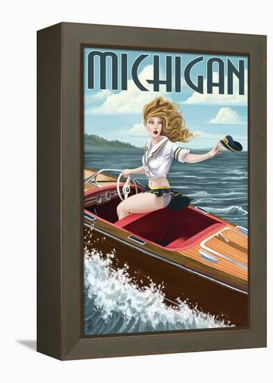 Michigan - Pinup Girl Boating-Lantern Press-Framed Stretched Canvas