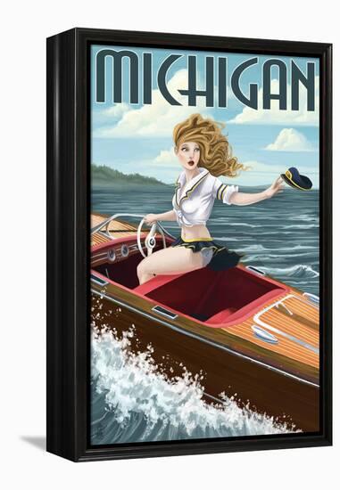 Michigan - Pinup Girl Boating-Lantern Press-Framed Stretched Canvas