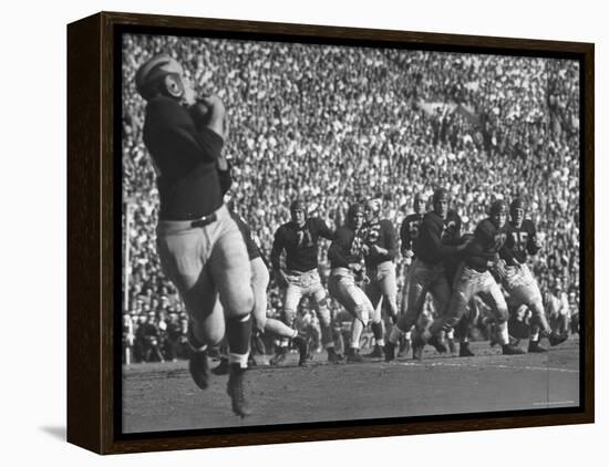 Michigan University's Bob Mann Catching a Pass From His QB Bob Chappuis-John Florea-Framed Premier Image Canvas