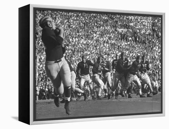 Michigan University's Bob Mann Catching a Pass From His QB Bob Chappuis-John Florea-Framed Premier Image Canvas