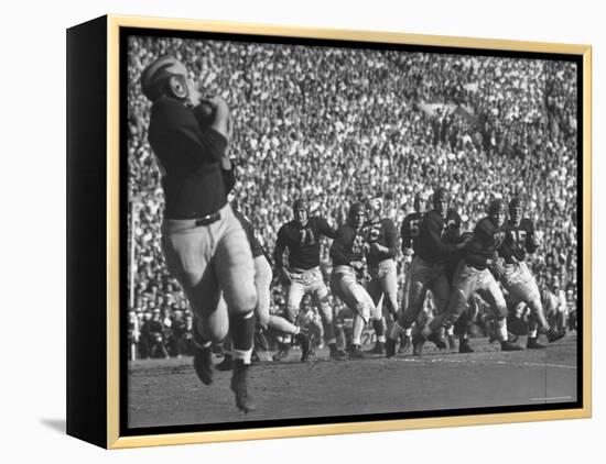 Michigan University's Bob Mann Catching a Pass From His QB Bob Chappuis-John Florea-Framed Premier Image Canvas