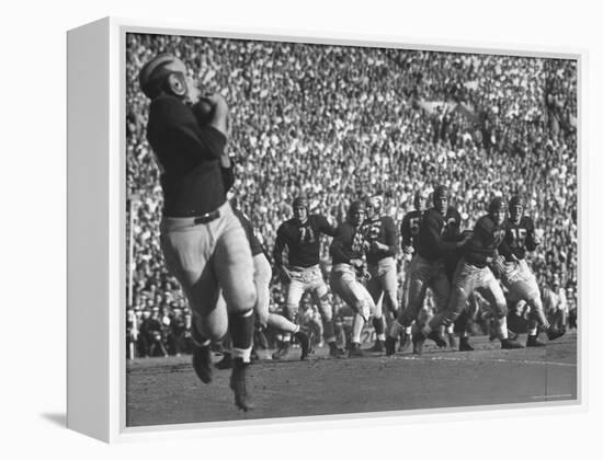 Michigan University's Bob Mann Catching a Pass From His QB Bob Chappuis-John Florea-Framed Premier Image Canvas