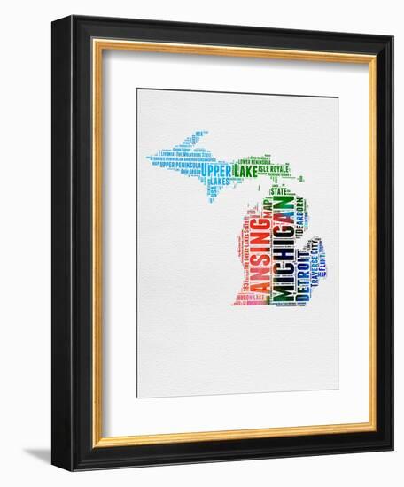 Michigan Watercolor Word Cloud-NaxArt-Framed Premium Giclee Print